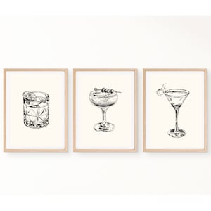 Láminas de cócteles antiguos / Decoración de carritos de bar / Juego de 3 / Dibujos minimalistas de cócteles