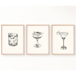 Vintage Cocktail Prints | Bar Cart Decor | Set of 3 | Minimalist Cocktail Drawings