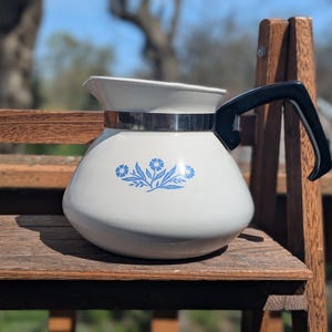 May include: A white coffee pot with a black handle and a silver band around the middle. The pot features a blue floral design and is sitting on a wooden surface. The background is blurred with trees and blue sky.