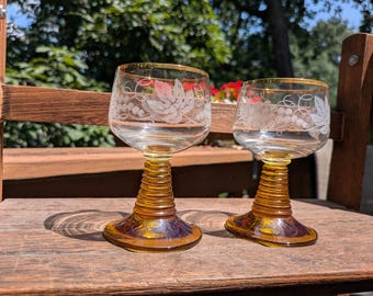 Vintage Etched French Roemer Yellow Beehive Stem Glasses