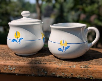 Hand Painted Stoneware Sugar Bowl and Creamer, Floral Design