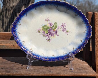 Antique Flow Blue Serving Plate with Purple Pansies