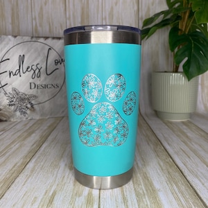 Hand Engraved Floral Paw Print Tumbler | Paw Print Tumbler | Dog Mom Tumbler | Gifts for Dog Moms | Gifts for Dog Lovers | Engraved Tumbler