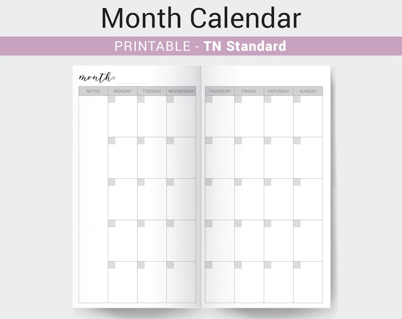 Month Calendar Tn Standard Undated Monthly Calendar Insert Etsy