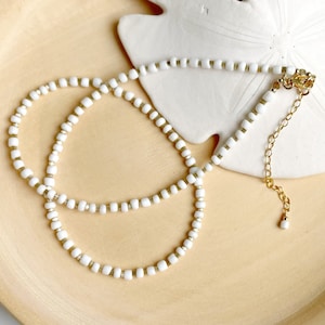 Dainty White & Beige Beaded Necklace: 14k Gold Filled Boho Layering Choker