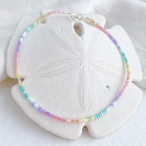 Rainbow Beaded Anklet - Dainty Sterling Silver Ankle Bracelet - Boho Anklet