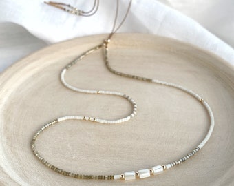 Delicate Silk Beaded Necklace - Beige White & Gold Bead Necklace - Taupe Choker