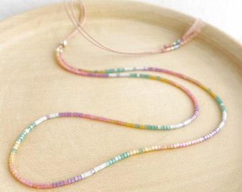 Shimmer Rainbow Beaded Silk Necklace: Sterling Silver Adjustable Length Slider Jewellery