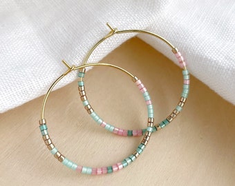 Delicate Beaded Hoop Earrings - Pink Green Gold Hoop Earrings - Lightweight Earrings