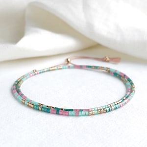 Pink Green & Gold Beaded Bracelet - Double Wrap Silk Bracelet - Teacher Appreciation