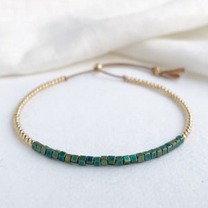 Teal & Gold Beaded Bracelet - Delicate Gold Silk Bracelet - Stacking Bracelet