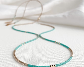 Turquoise & Gold Necklace - Delicate Silk Beaded Necklace - Adjustable Silk Necklace