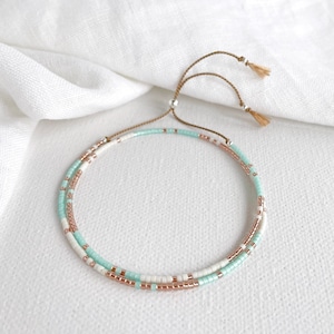 Aqua & Copper Beaded Bracelet - Silk Friendship Bracelet - Delicate Bead Bracelet