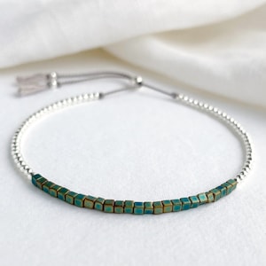 Delicate Teal Sterling Silver Silk Bracelet: Boho Adjustable Minimalist Stackable Jewellery