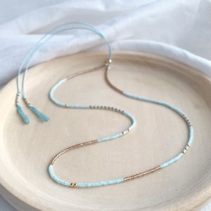 Ice Blue & Gold Necklace - Silk Beaded Necklace - Extendable Silk Necklace - Miyuki Necklace - Delicate Necklace