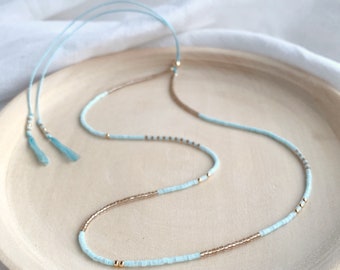 Ice Blue & Gold Beaded Silk Necklace - Adjustable Layering Boho Jewellery