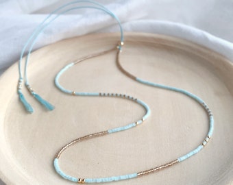 Ice Blue & Gold Necklace - Silk Beaded Necklace - Extendable Silk Necklace - Miyuki Necklace - Delicate Necklace