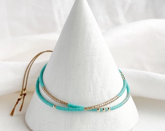 Turquoise & Gold Beaded Silk Bracelet - Delicate Blue Bracelet - Adjustable Double Wrist Wrap