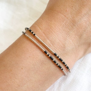 Dainty Black & Gold Beaded Double Wrap Bracelet: Adjustable Boho Stacking Friendship Jewellery