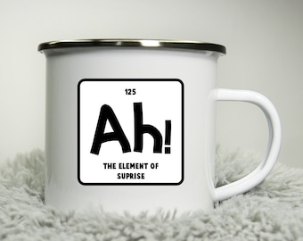 Ah! The element of surprise -  12oz Camping Mug - nerd geek science fun funny camp Road trip mug