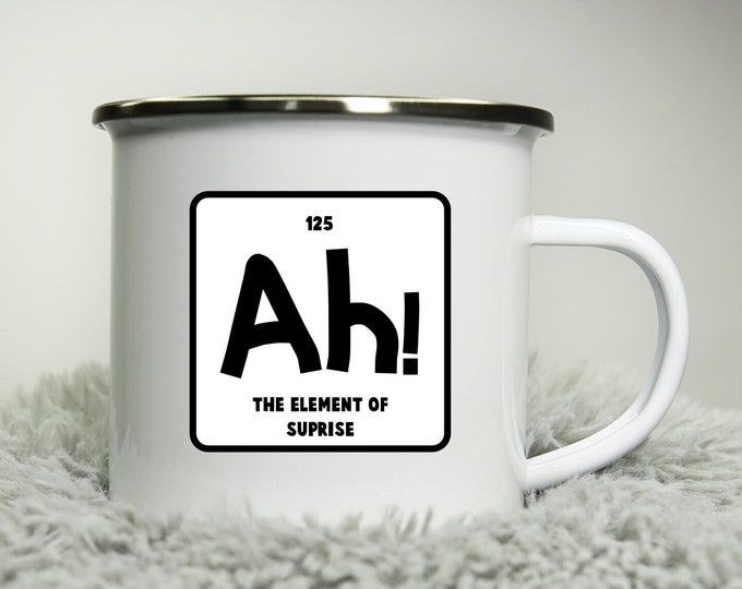 Ah! The element of surprise -  12oz Camping Mug - nerd geek science fun funny camp Road trip mug