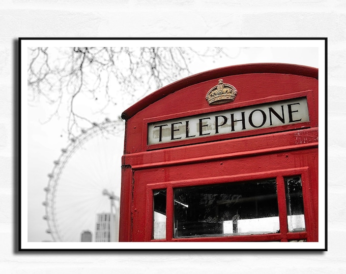 London Premium Travel Prints  - London Eye Telephone box Wall hangings - Black and white - A4 A3 A2  - Festival Merch  - british UK