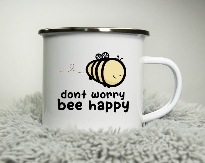 Don't worry bee happy cup -  12oz Camping Mug - bumble bee manchester bees cute cup lgbt pride gift rainbow Road trip mug