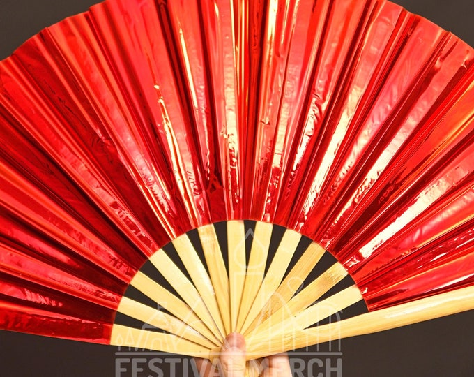 Iridescent Hand Fan XL Bamboo | Festival Merch | Vinyl Shimmer Clack Fan | EDM Rave accessories | Pride Festival | Holographic Ibiza Holiday