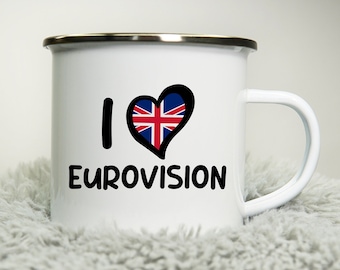 Personalised  12oz Camping Mug - (Any Flag) Eurovision Song Contest 2023 Inspired - Enamel 350ml White Cup Travel Mug Music Fan UK