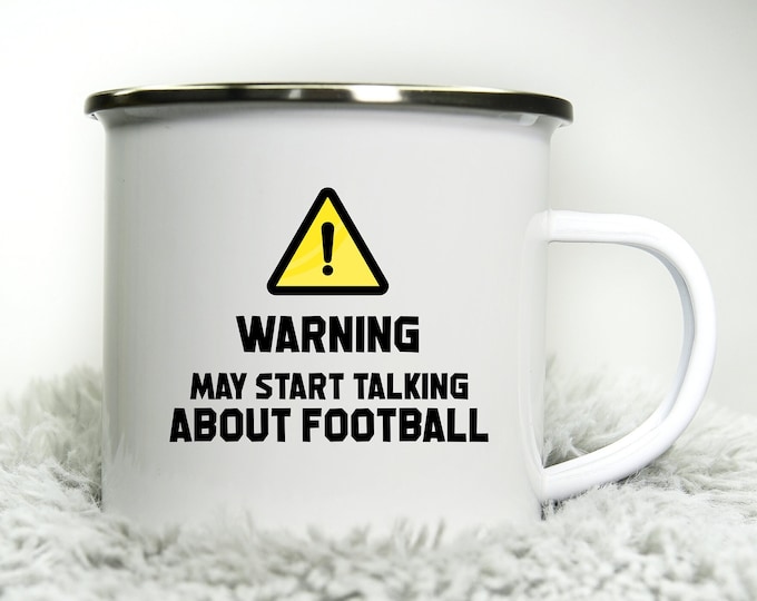 Personalised Warning May Start Talking about Football -  12oz Camping Mug - Football Car Motorbike Biker Gift for Dad Mum Biker Grandad Cup