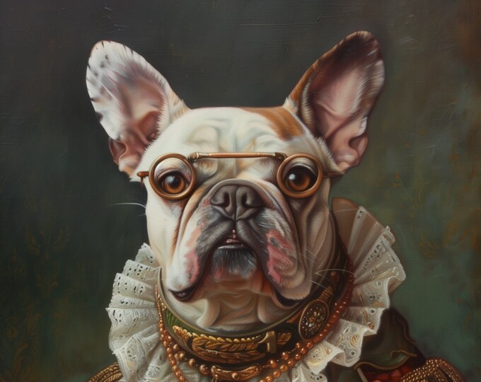 Pet Portrait French Bull Dog Oil painting Vintage Funny Animal Wall Art Regal Renaissance Human outfit cloths - A4 A3 A2 - Festival Merch