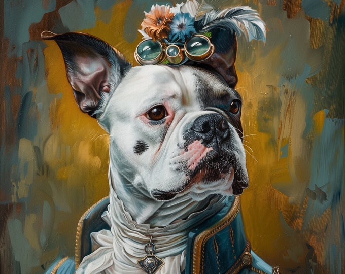 Premium Pet Portrait Oil Bull dog painting Vintage Funny Animal Wall Art Regal Renaissance Human outfit cloths - A4 A3 A2 - Festival Merch