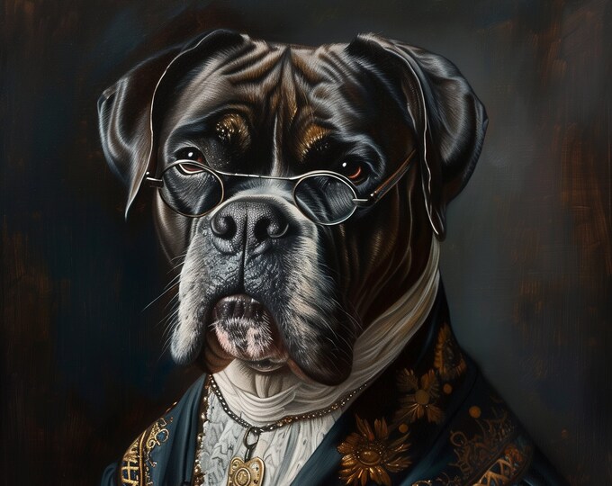 Premium Pet Portrait Oil Bull dog painting Vintage Funny Animal Wall Art Regal Renaissance Human outfit cloths - A4 A3 A2 - Festival Merch