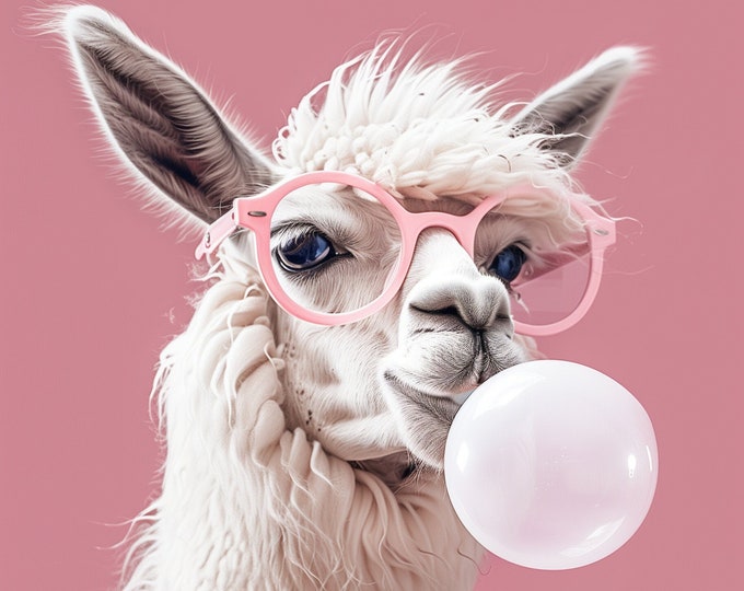 Funny Animal Wall Art Pink Llama bubble gum wearing glasses  - A4 A3 A2 - Festival Merch