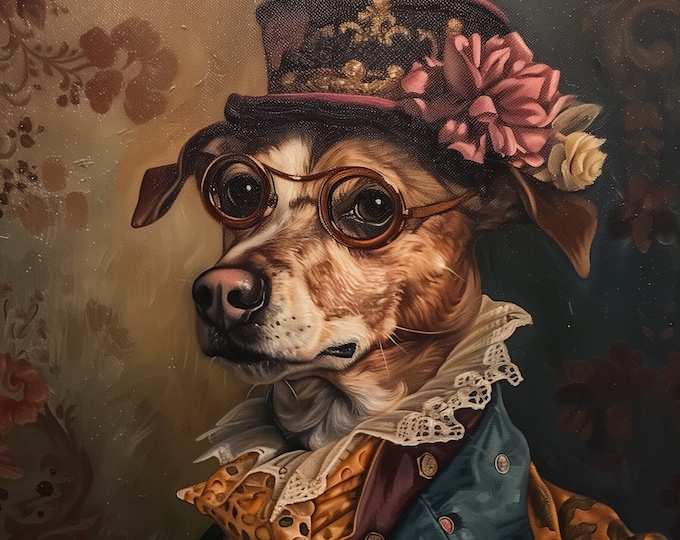 Premium Pet Portrait Oil Dog painting Vintage Funny Animal Wall Art Regal Renaissance Human outfit cloths - A4 A3 A2 - Festival Merch