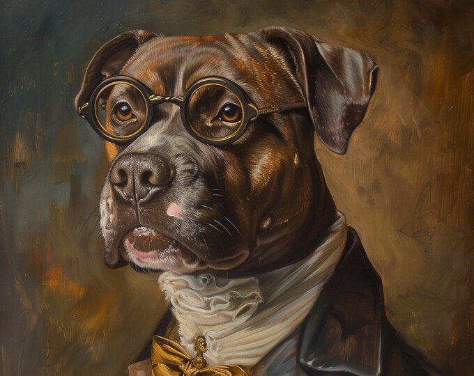 Premium Pet Portrait Oil Bull dog painting Vintage Funny Animal Wall Art Regal Renaissance Human outfit cloths - A4 A3 A2 - Festival Merch