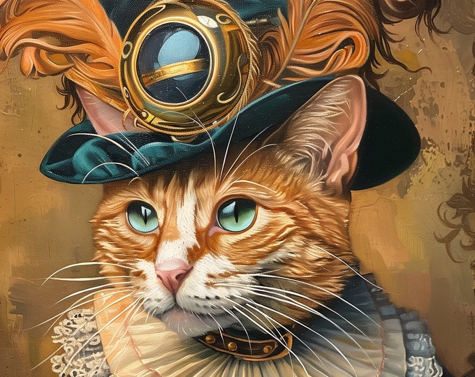 Premium Pet Portrait Cat Oil painting Vintage Funny Animal Wall Art Regal Renaissance Human outfit cloths - A4 A3 A2 - Festival Merch