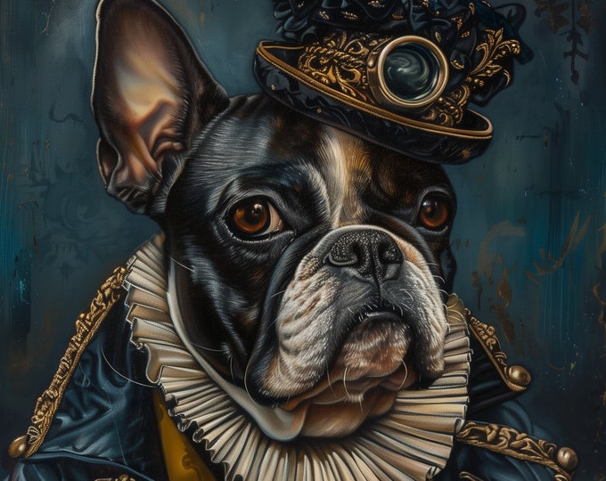 Premium Pet Portrait Oil Bull dog painting Vintage Funny Animal Wall Art Regal Renaissance Human outfit cloths - A4 A3 A2 - Festival Merch