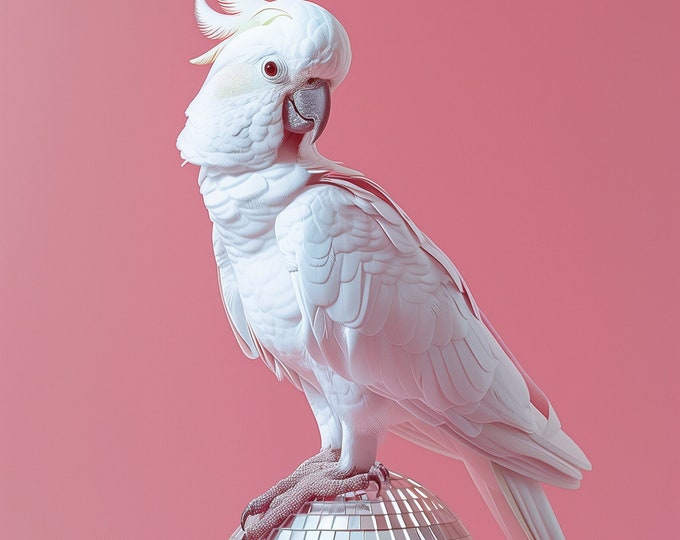 Funny Animal Wall Art Pink White parrot on disco ball party animal - A4 A3 A2 - Festival Merch
