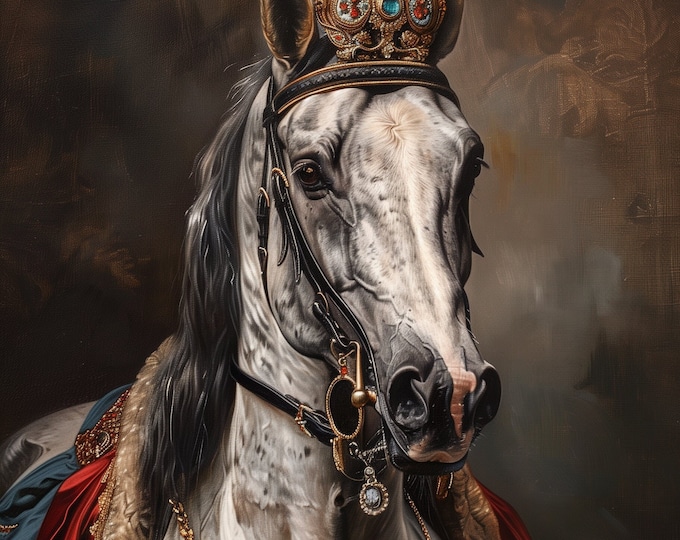 Premium Horse Pet Portrait Oil painting Vintage Funny Animal Wall Art Regal Renaissance Equestrian Royal Art - A4 A3 A2 - Festival Merch
