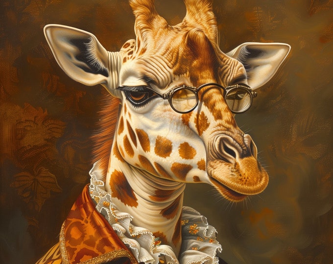 Premium Giraffe Pet Portrait Oil painting Vintage Funny Animal Wall Art Regal Renaissance Human outfit cloths - A4 A3 A2 - Festival Merch