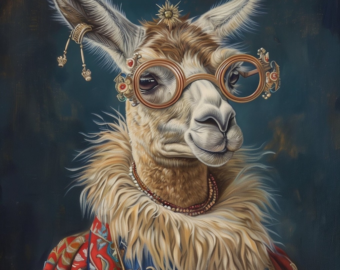 Premium Llama Pet Portrait Oil painting Vintage Funny Animal Wall Art Regal Renaissance Human outfit cloths - A4 A3 A2 - Festival Merch