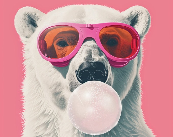 Funny Animal Wall Art Pink Polar bear bubble gum ski goggles party animal  - A4 A3 A2 - Festival Merch