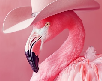 Funny Animal Wall Art Pink Flamingo wearing cowboy hat cowgirl hat Tropical - A4 A3 A2 - Festival Merch