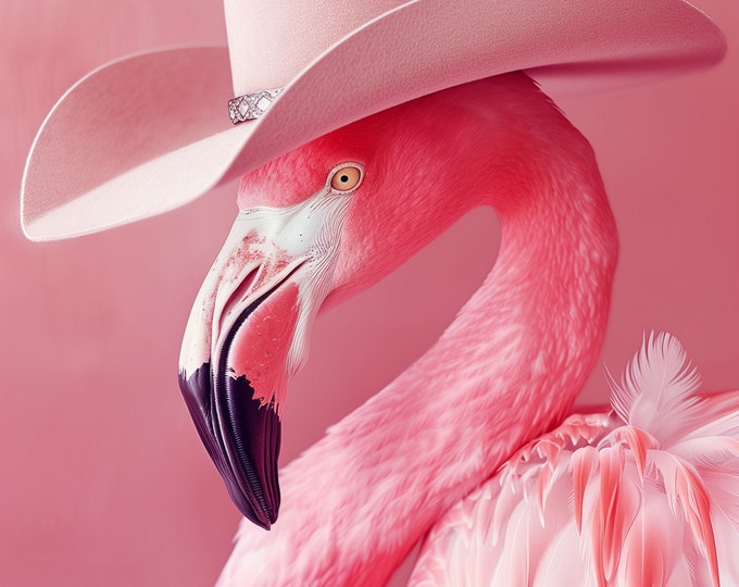Funny Animal Wall Art Pink Flamingo wearing cowboy hat cowgirl hat Tropical - A4 A3 A2 - Festival Merch