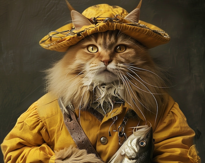 Premium Fisherman Trawlerman Pet Portrait Oil painting Vintage Funny Animal Wall Art Regal Renaissance Human outfit -A4A3A2- Festival Merch
