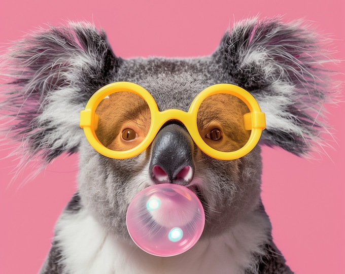 Funny Animal Wall Art Pink Koala bubble gum  - A4 A3 A2 - Festival Merch