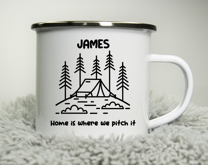 Personalised Camping Mug - Home is where we pitch it 12oz Camping Mug Enamel Glamping Travel Gift Adventure Outdoors explore gift mom dad