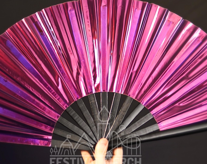Iridescent Hand Fan XL Bamboo | Festival Merch | Vinyl Shimmer Clack Fan | EDM Rave accessories | Pride Festival | Holographic Ibiza Holiday