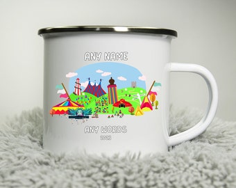 Personalised 12oz Camping Mug - (Unofficial) Glastonbury Festival 2023 Inspired - Enamel 350ml White Cup Music Festival Fan Gift Travel Mug
